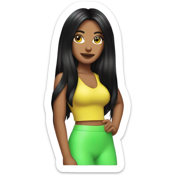Tanned woman with long black hair dressed in Y2K pop hair, makeup, and neon attire sticker