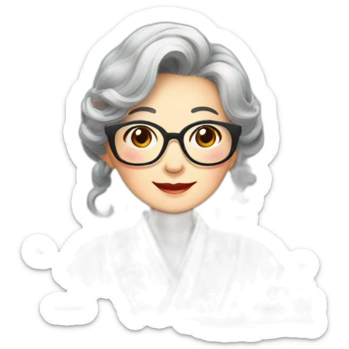 Chinese seniors lady wear glasses has wavy long hair wear Chinese traditional dress show appreciation sign sticker