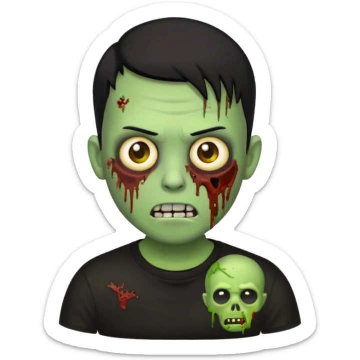 zombie emoji with buzz cut black hair and black t-shirt sticker