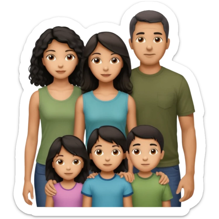 Hispanic family of five, parents in back and three kids in front, girl in the middle, all facing forward, mom with long straight dark hair, dad with short black curly fade, 9-year-old boy with short hair, 6-year-old girl with long straight hair, 6-year-old boy with short hair sticker