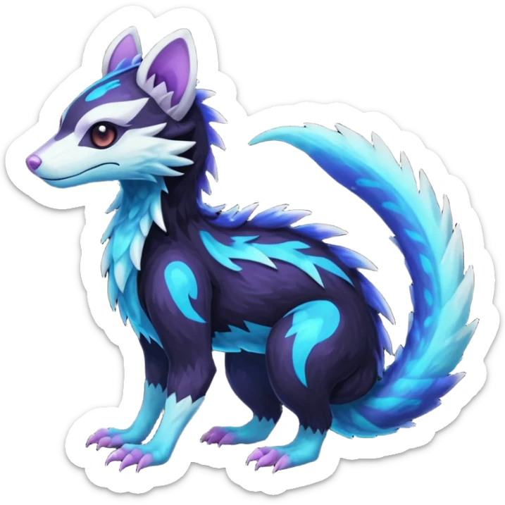Colorful bioluminescent dark abysmal abyssal neon-glowing Trico-Sergal-Furret-Ferret-Wickerbeast-Vernid-fusion-Fakemon-animal-hybrid-creature, full body sticker