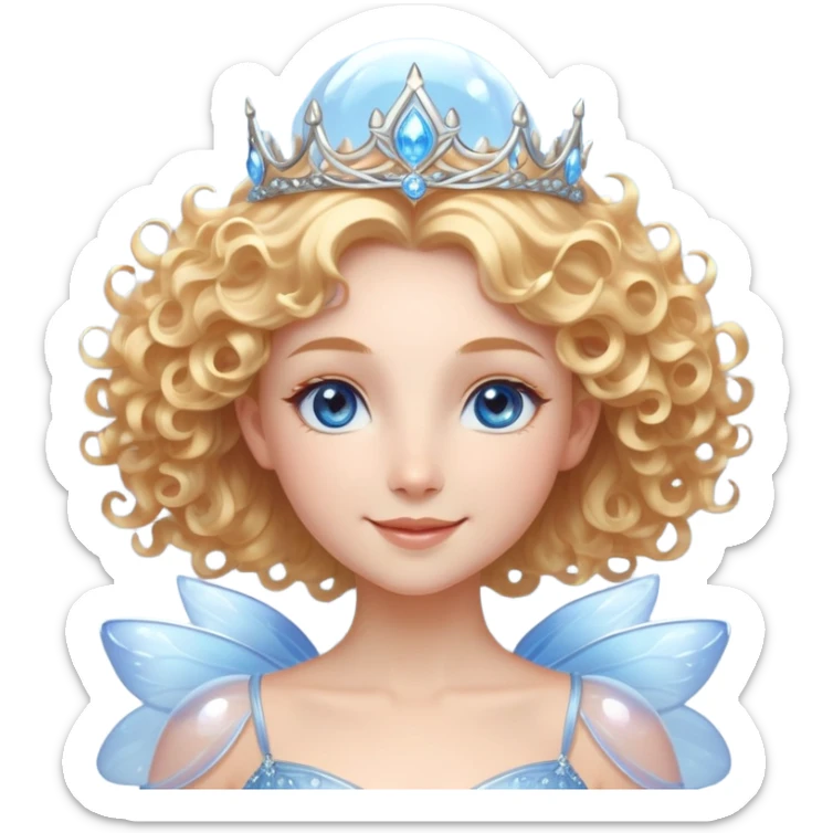 Elegant fairy with golden-blonde curls, a delicate silver crown, and sparkling blue eyes. She wears a shimmering light blue gown with a layered, ethereal design. Surrounded by a glowing, translucent bubble, radiating warmth and magic, with a bright, confident smile. sticker