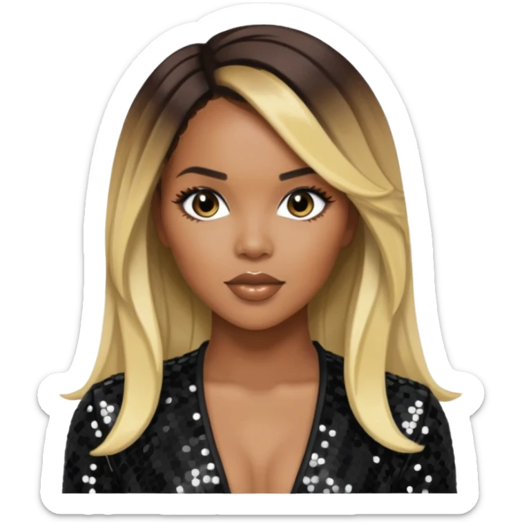 LeToya Luckett with long dark brown hair blonde hair, black sequin outfit sticker