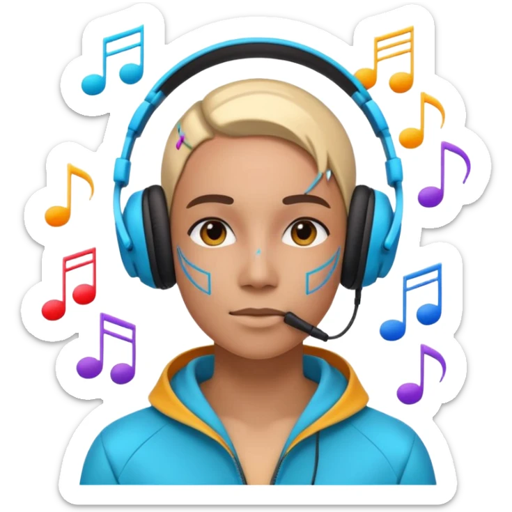 futuro de la industria musical, mezcla de tecnología y música, auriculares futuristas, notas musicales digitales, colores vibrantes, sensación de innovación sticker