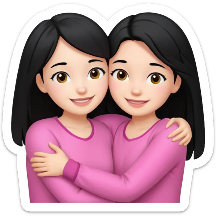 2 girls with black hair hugging each other. One is wearing white clothes and the other is wearing pink clothes sticker