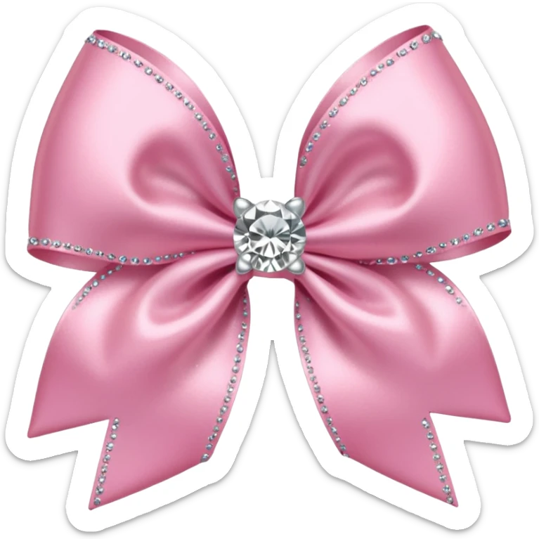 Cutesy pink bow emoji. Shiny baby pink satin ribbon. It's silver glitter sparkles on it. Shiny with rhinestones and shadowed to look three-dimensional sticker