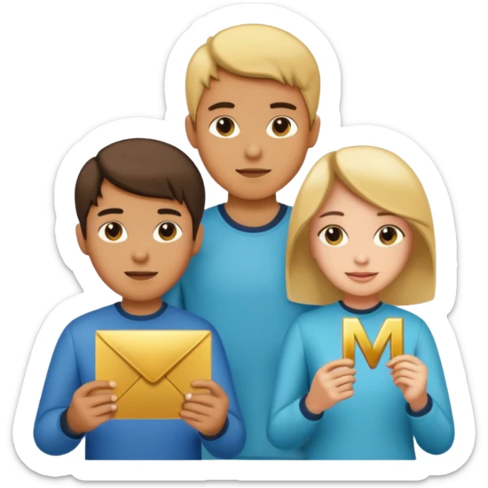 Create two letters, N and Y, in the shape of sisters. Create an image of a boy holding the letter N and a girl holding the letter M  sticker