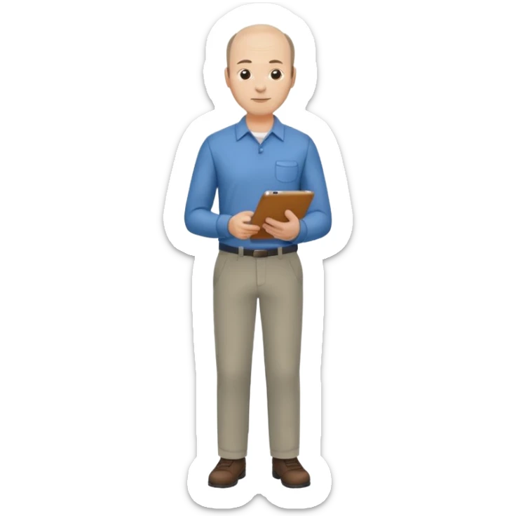 man, mid 40's shirt and trousers balding hairline, full body, standing, holding a clipboard sticker