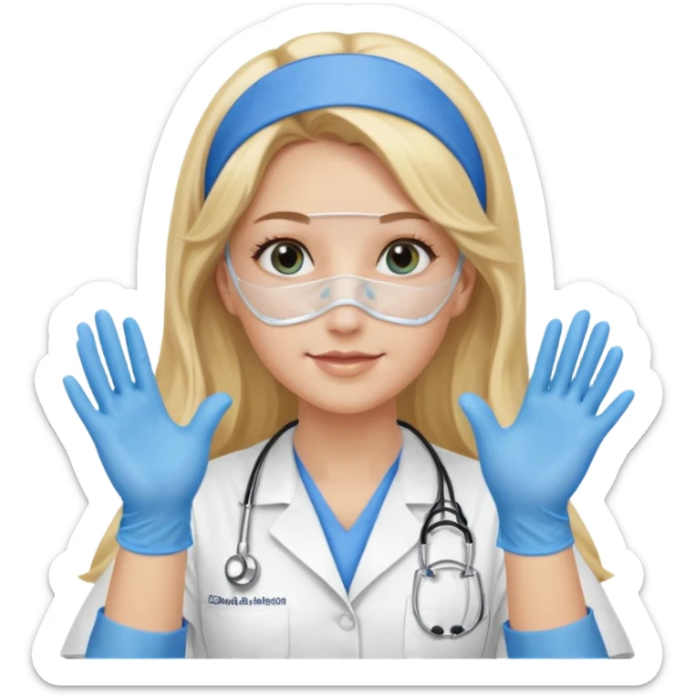 enfermera rubia con pelo largo sin nada en el pelo, con mascarilla y guantes azules las dos manos arriba sticker