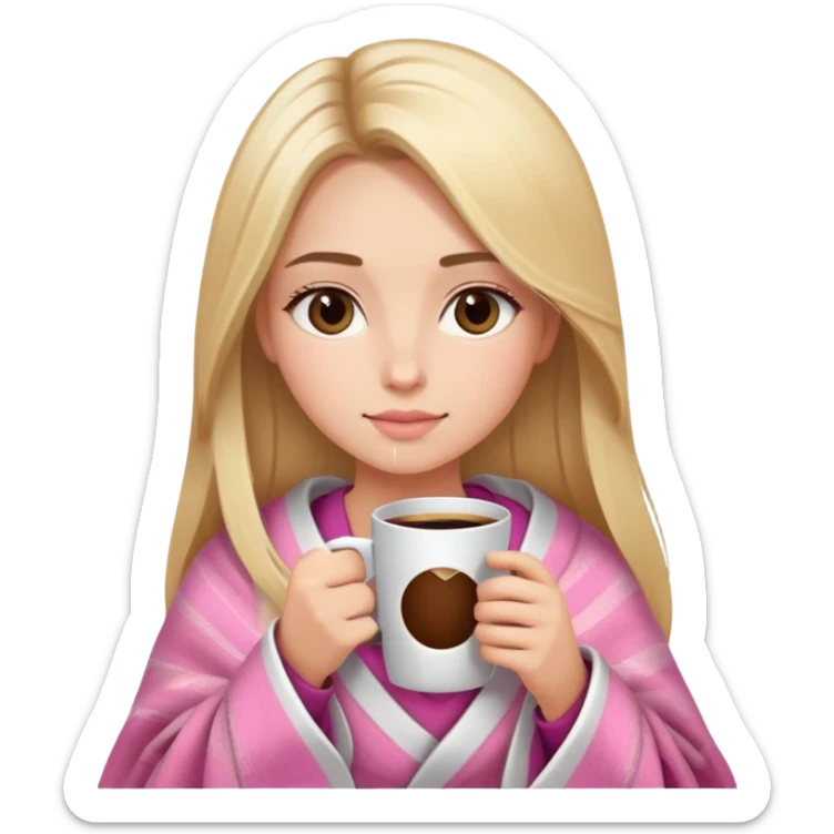 Long blonde straight balayage hair girl drinking coffee, almond dark brown eyes, oval face, pink blanket sticker