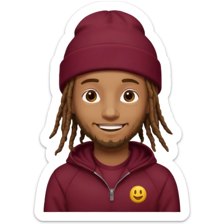 Animate a caramel skinned male with brown dreads and a tan beanie with a burgundy tracksuit on sticker