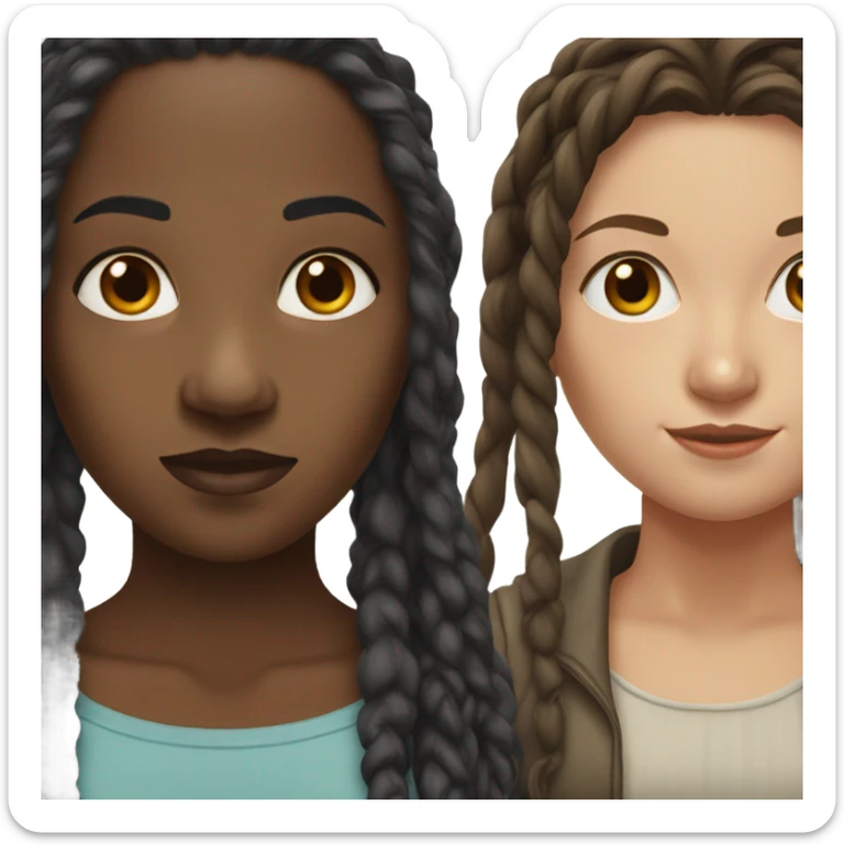 White woman with long brown hair and black woman with short dreadlocks sticker