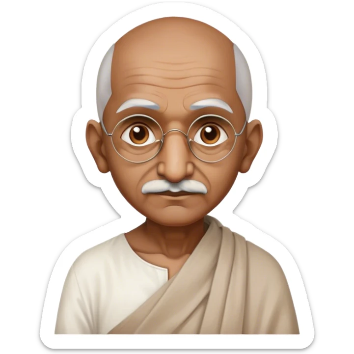 Cinematic Realistic Mahatma Gandhi Portrait Emoji, depicted as a humble, wise leader in simple attire with a serene determined expression, rendered with soft textures and warm natural lighting that captures his peaceful yet resolute spirit. sticker