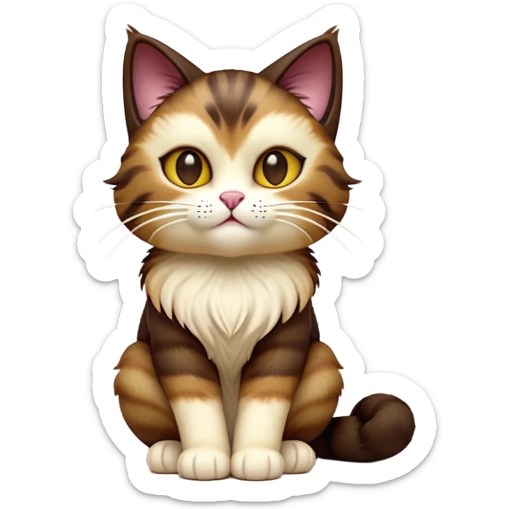 cinematic-[showshoe cat]-realistic-full-body-sitting-emoji,-tail-curled-playfully-around-its-paws,-head-tilted-dramatically,-fluffy-[brown mask]-fur,-simplified-yet-realistic-focused-features,-highly-detailed,-glowing-with-an-almost-sarcastic-glow sticker