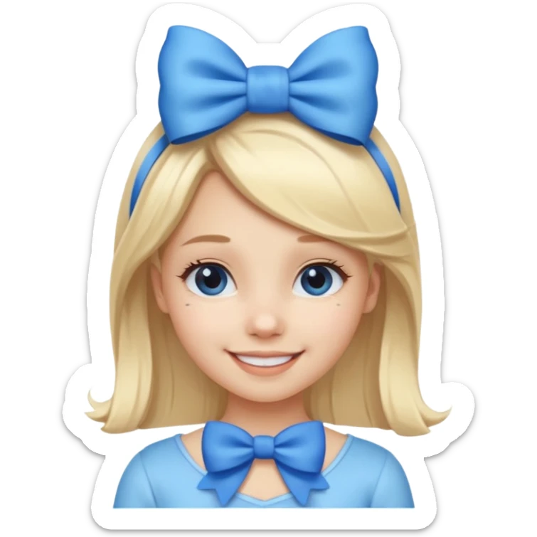 A cute girl with a white skin and a blonde hair with a blue and white bow in her head sticker
