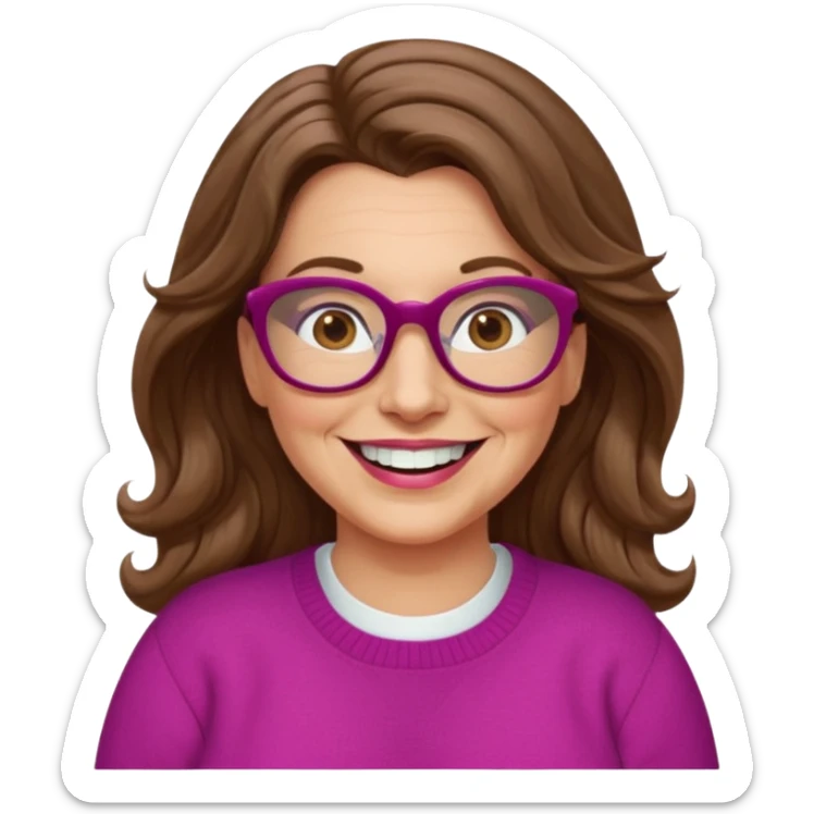 50 yr Caucasian woman, long brown hair parted on side, brown eyes, brown glasses, big smile, white teeth, fuscia sweater, chubby, wavy hair sticker