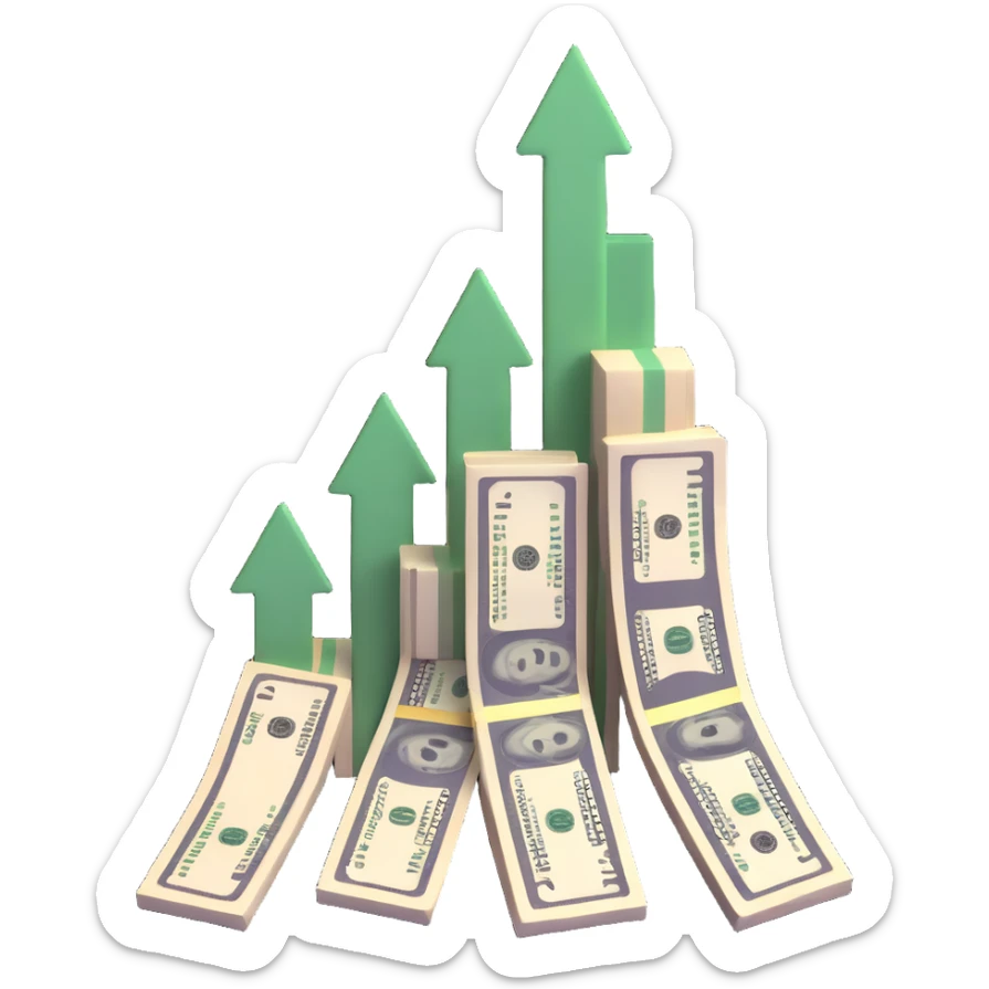 upward trending arrow beside three stacks of bundled dollar bills in ascending height sticker