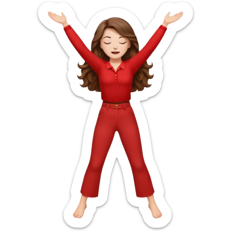 crie uma menina branca com cabelos castanhos longos ondulados, uma roupa de calça e blusa de manga curta na cor vermelho, com braços juntos para cima, olhos fechados e perna levantada. a manga é curta mostra os braços sticker