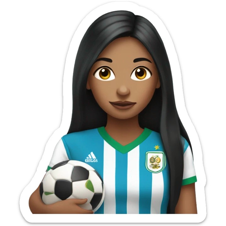 Girl with long black hair wearing a half Argentina half Nigerian jersey holding a baby  sticker