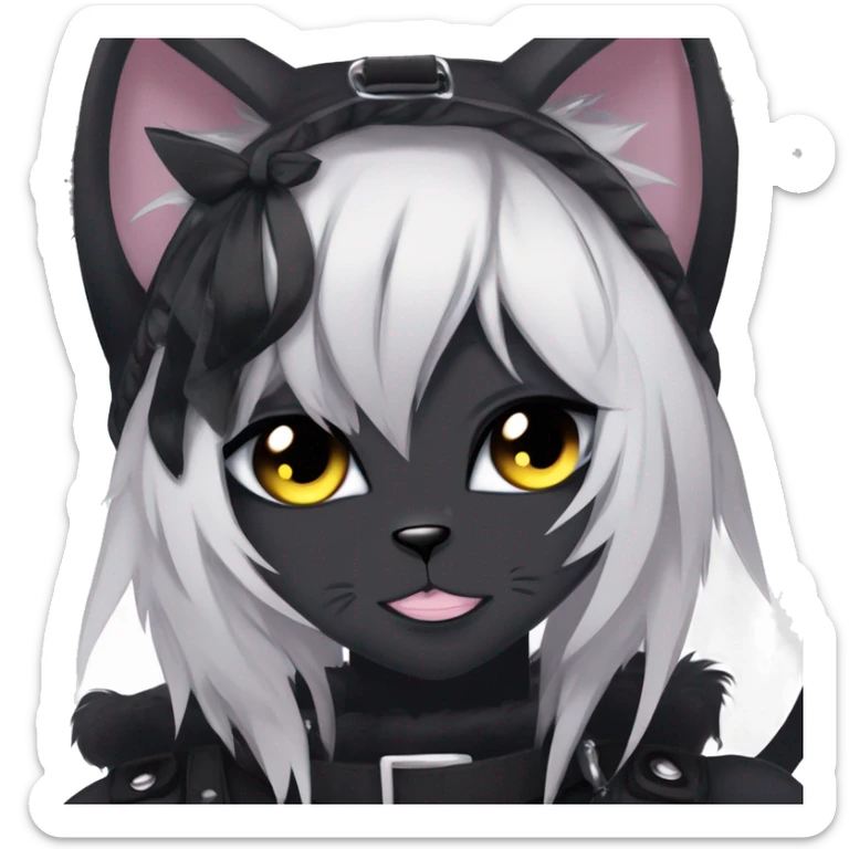 Gorgeous furry dark punk techwear anime style anthro black cat fursona with blushing face aesthetic and pretty edgy black with collar and harness trending style sticker