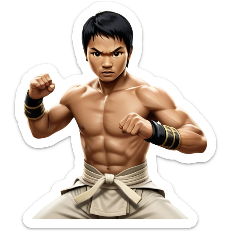 Tony Jaa – Cinematic Realistic Portrait of Tony Jaa, depicted as a dynamic martial arts warrior with intense eyes and a powerful stance in traditional Thai fighting attire, rendered in mid-motion with dramatic lighting and high-detail textures that capture his raw physicality and grace. sticker