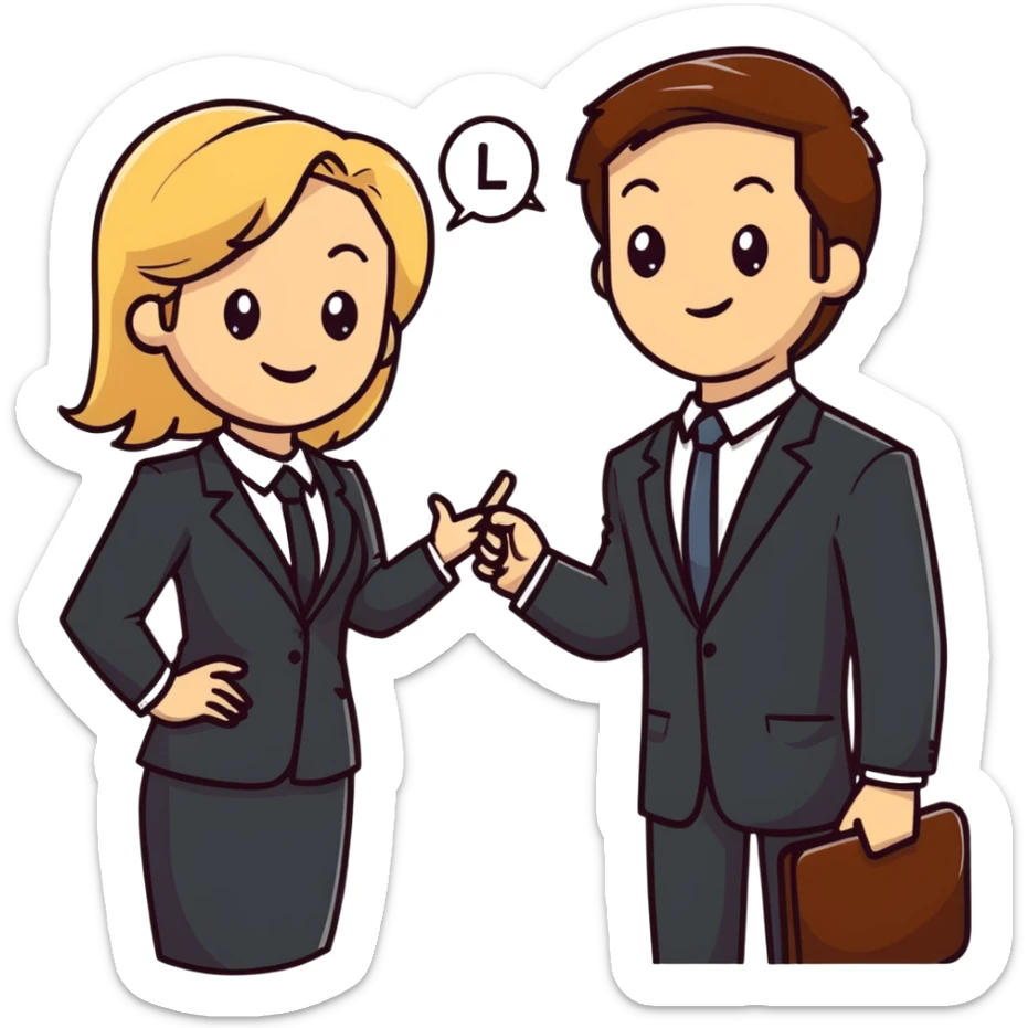 blonde woman in business suit talking to smiling brown-haired man in white shirt sticker