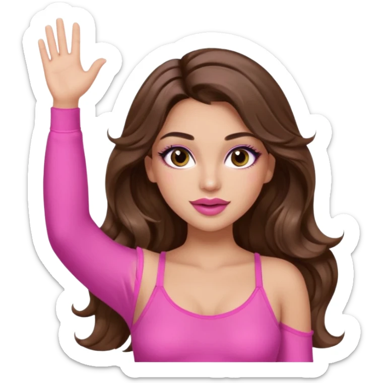 girl with long wavy brown hair, brown eyes, long lashes makeup, sexy pink lips, light to medium complexion, wearing a pink sexy top, one hand in the air high sticker
