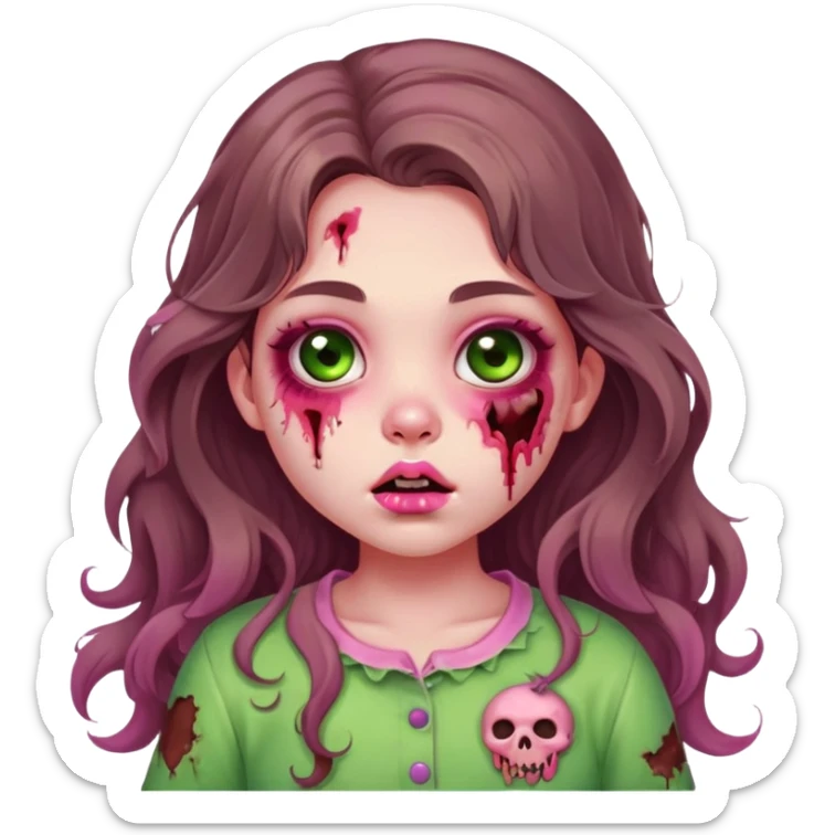 Zombie teen girl, long wavy brown hair, big doe BROWN EYES, cute chubby cheeks and lips, coquette / kawaii style, green zombie skin, lots of bruises, pink clothes sticker