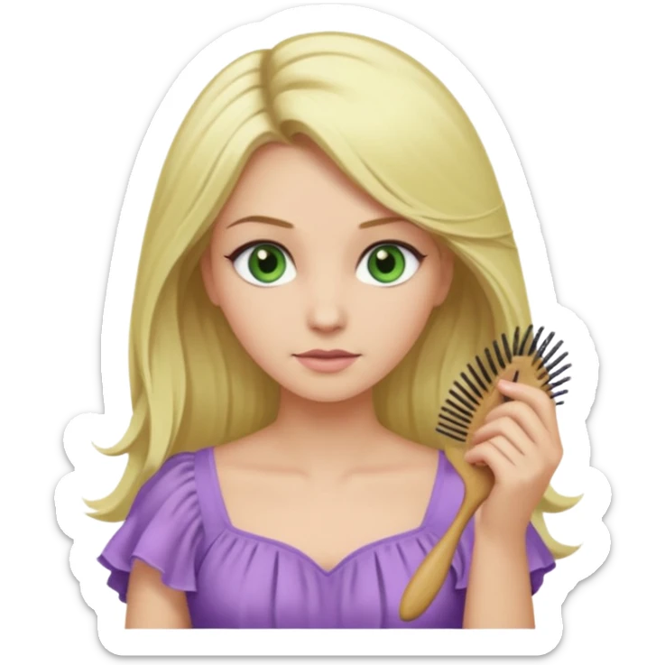 blonde woman with swamp green eyes and a soft purple dress combing her hair, iOS emoji style sticker