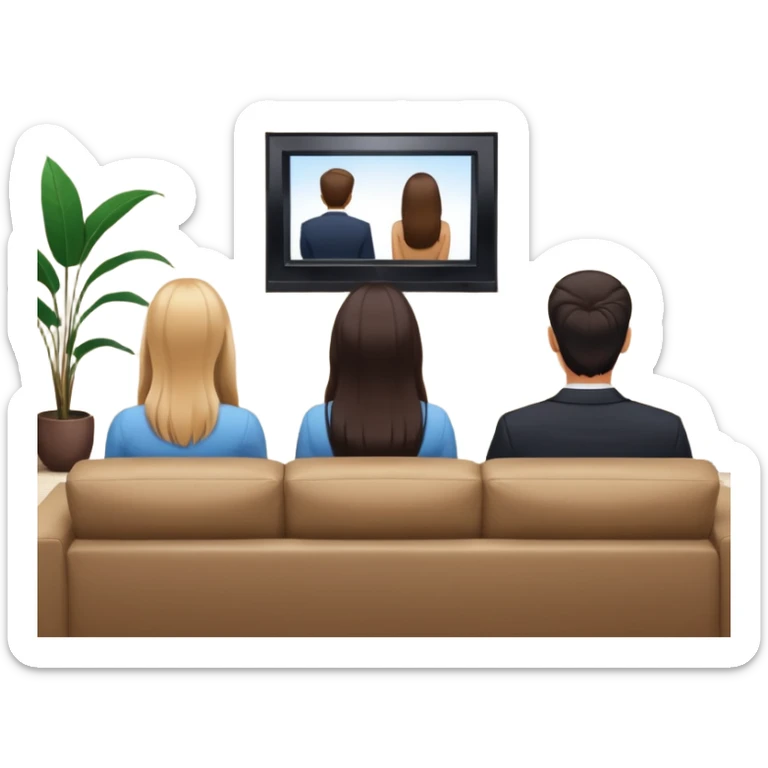 A man and a women long hir  photographed from behind, sitting on a sofa and watching the news on TV on a modern flat screen. The setting is a living room. sticker