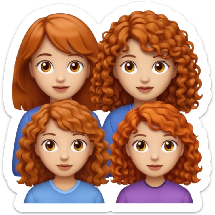 three girls emoji, left girl light skin curly brown hair brown eyes, center girl light skin wavy orange hair light brown eyes, right girl light skin light brown hair with bangs brown eyes sticker