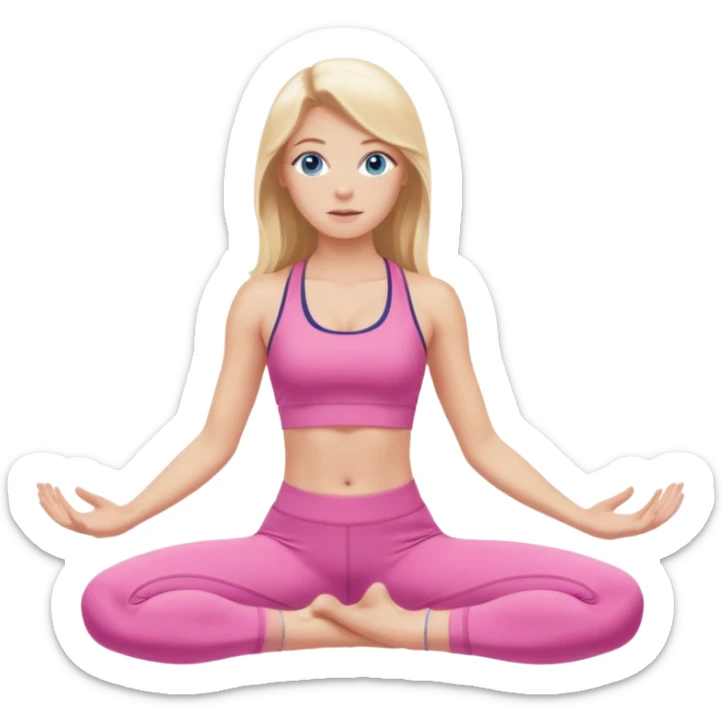  long blown out blonde hair woman blue eyes wearing pink workout set doing pilates sticker