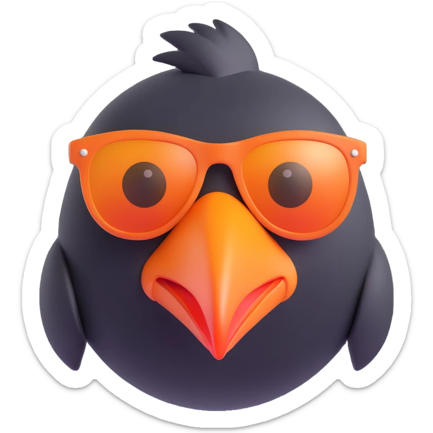 cartoonish 3D emoji of a black bird head with a large orange beak and orange sunglasses sticker