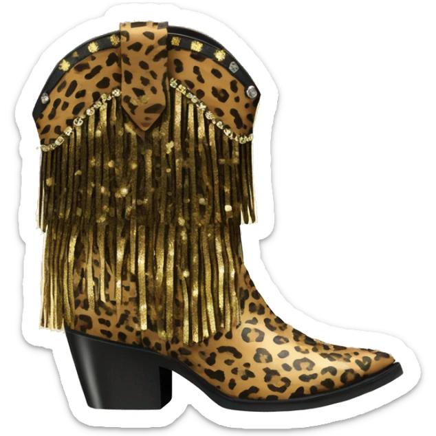 Realistic leopard print fashion cowgirl boots with sparkly shiny glitter fringe on them. sticker