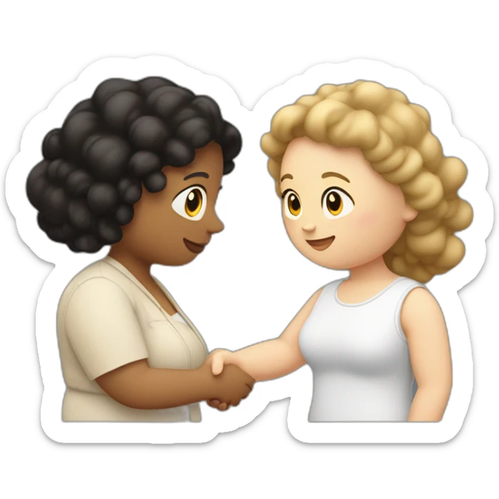 tan chubby woman with black curly hair shakes hands with a chubby pale woman who has straight light brown hair sticker