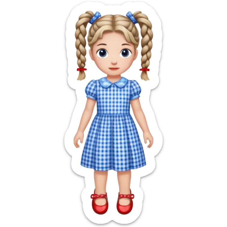 Girl with braided pig tails, blue gingham dress, red sparkly shoes sticker