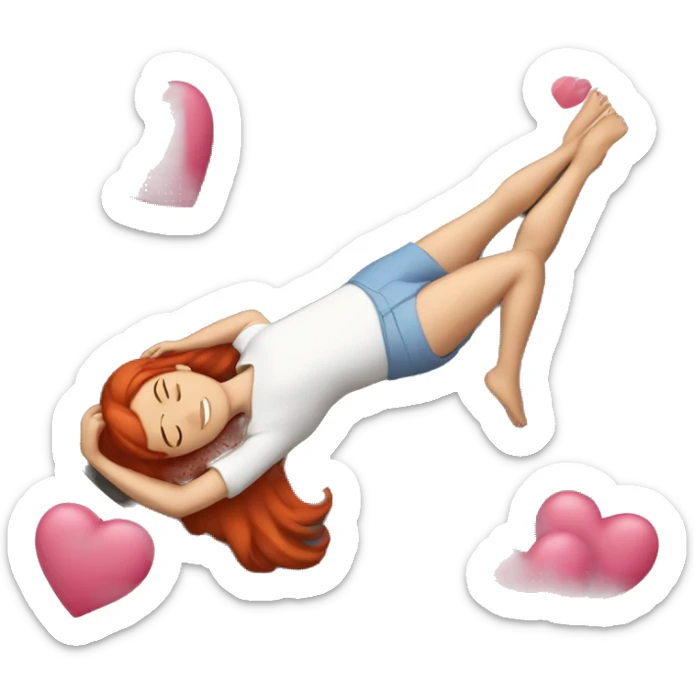 A woman laying on her back on a rock, red hair, butter flies around, pink hearts sticker