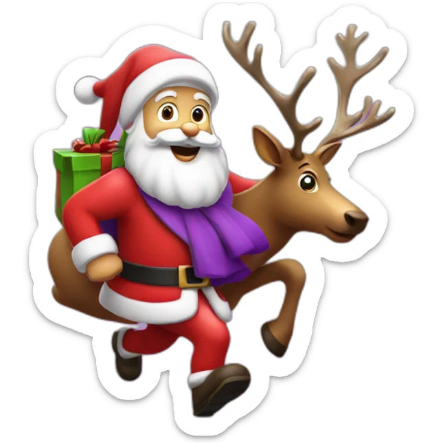 Santa Claus dressed in purple running with the reindeer to deliver the presents sticker
