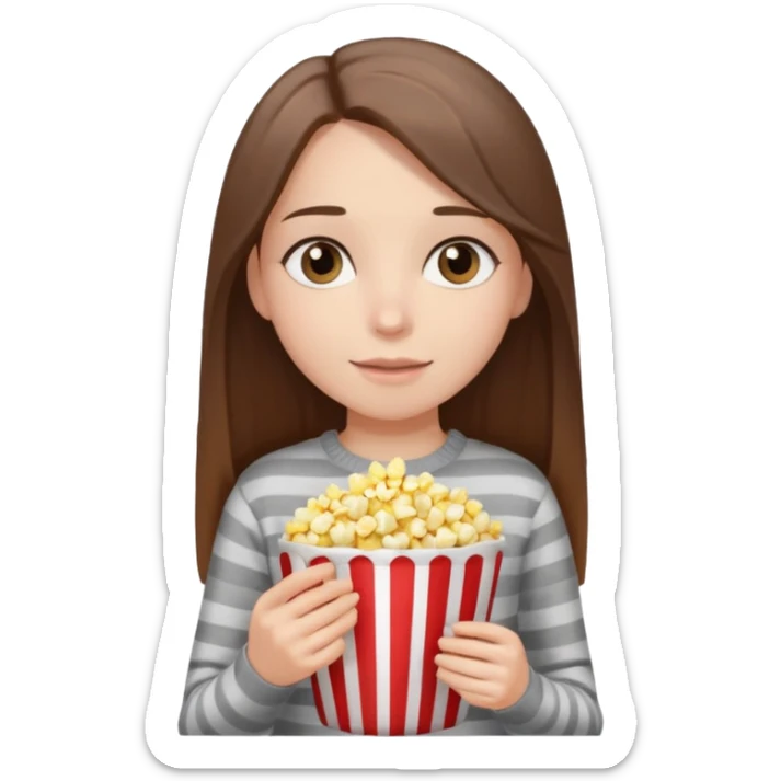girl with straight long hair, striped light sweater, gray gray eyes, holding popcorn in her hands sticker