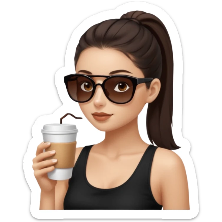 generate a pretty fair bratz girl with dark brown eyes, dark brown eyes tied into a slick back ponytail, thin brown sunglasses. Wearing a black cami top and drinking coffee, high cheekbones sticker