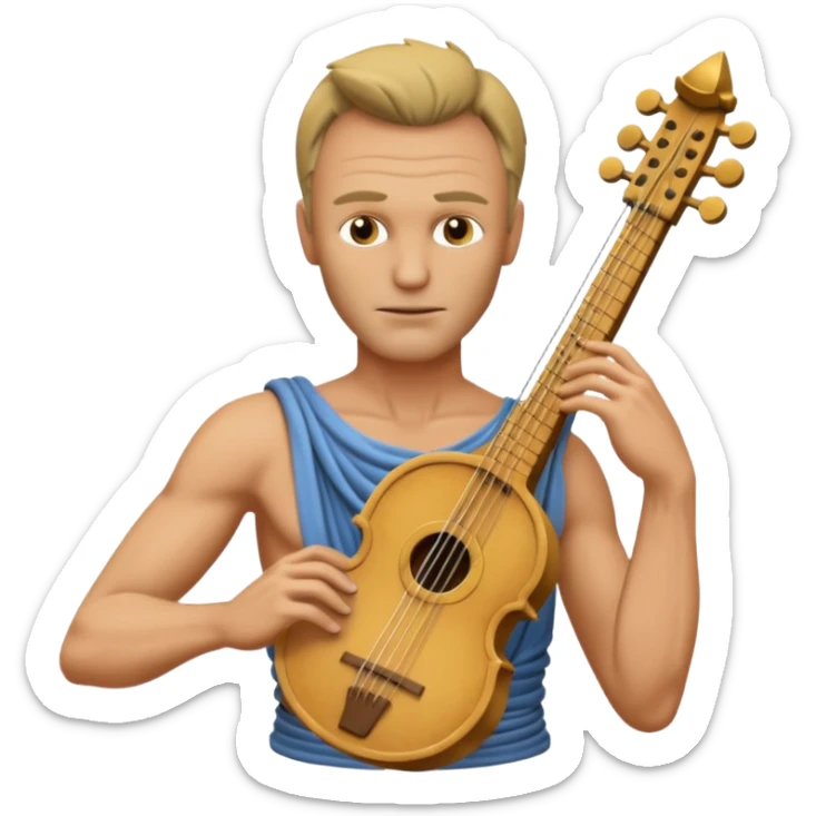 Cinematic realistic ultra HD - musician Sting as the torso of an antique stone sculpture, playing the lyre sticker