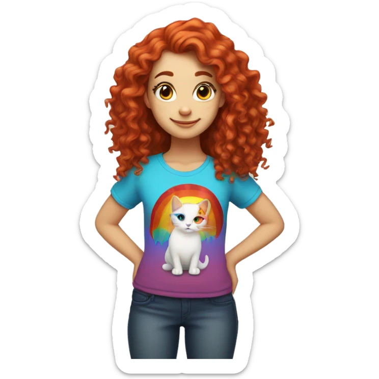 white girl with long red curly hair, wearing a rainbow cat shirt doing a pose sticker