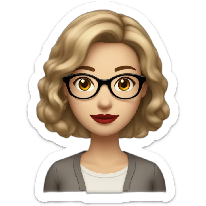 face of a 25 year old caucasic woman with short dark “the bob” hair, bright red lipstick, eyeliner, and square light brown glasses sticker