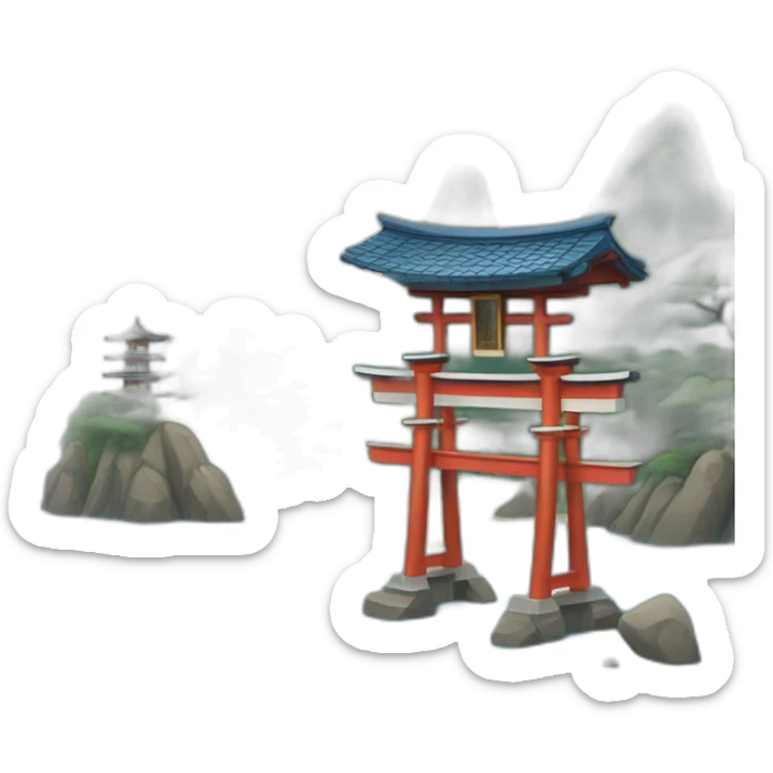 An island with a torii gate shinto shrine and small Japanese house with a blue tiled roof sticker