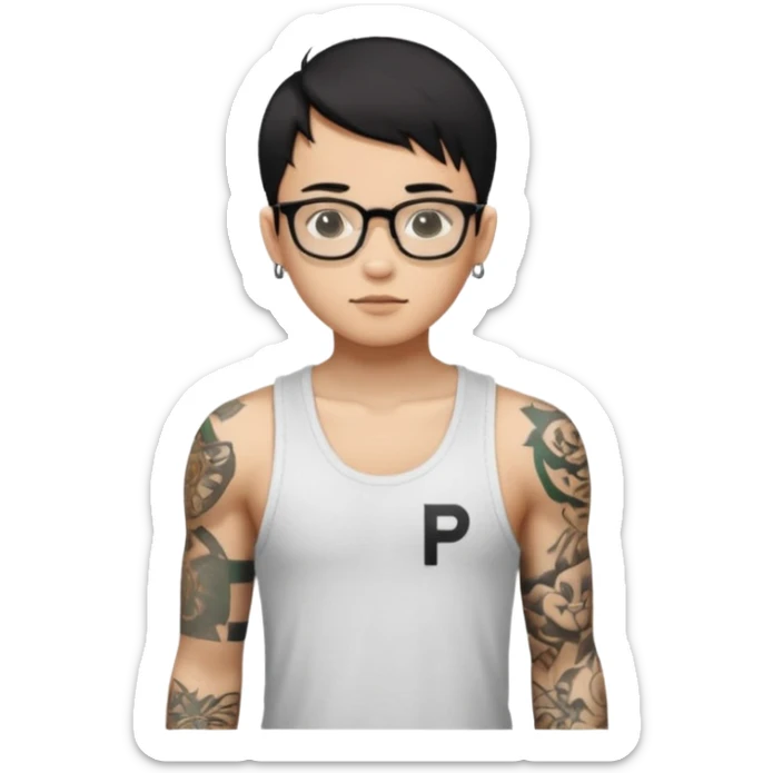 A young boy with A macbook laptop, black straight short hair, wearing glasses, wearing a tanktop, has tattoos, he is asian

Add the letters "P I F" floating around sticker