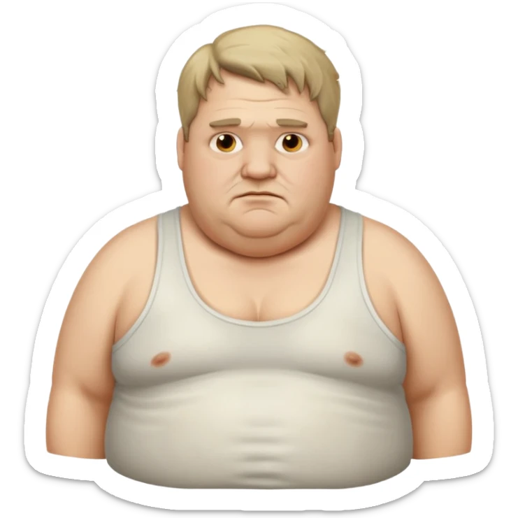 extremely obese middle aged white man in wifebeater with greasy hair and dirty appearance sticker
