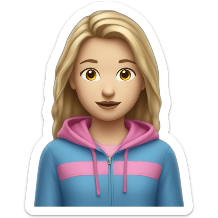 13 year old girl with dirty brownish blonde hair and blue eyes with a pink hoodie that’s not on her head sticker