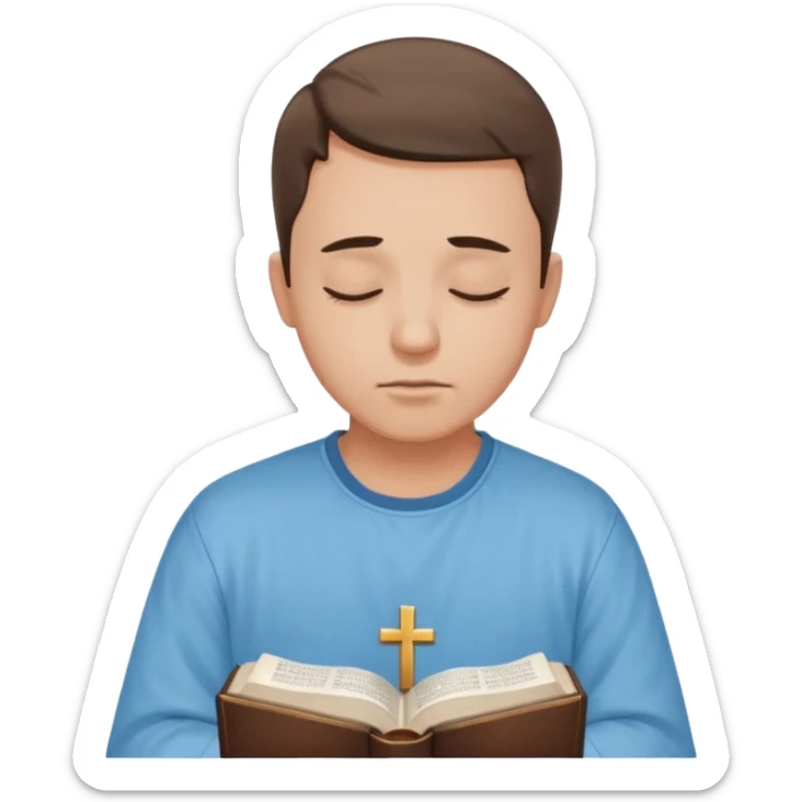 Guy who reads Bible with cross on it and with his eyes closed in prayer. without something in the background  sticker