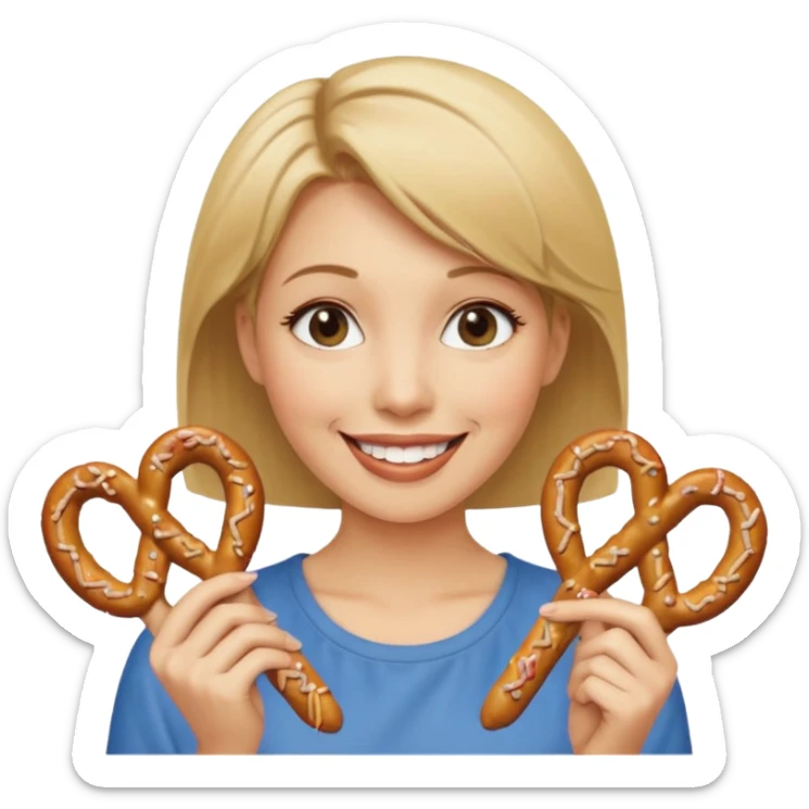 Short, Straight, Dirty blond hair, fair skin, woman holding pretzels and winking sticker