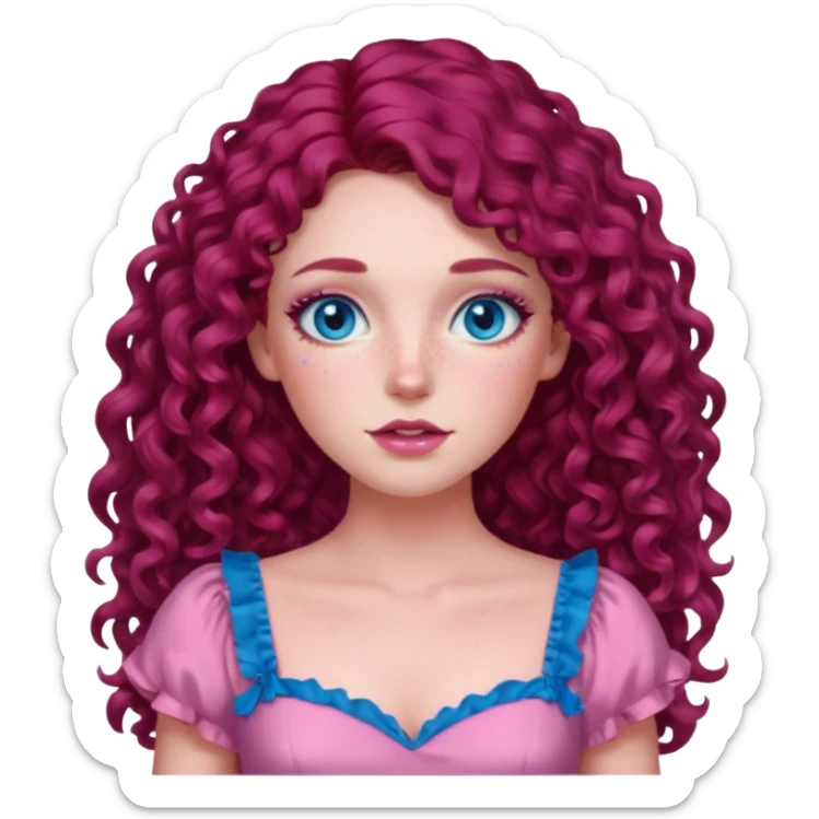 Chappell Roan long dark red curly hair, blue eyes, pink eyeshadow and lip, pink dress sticker